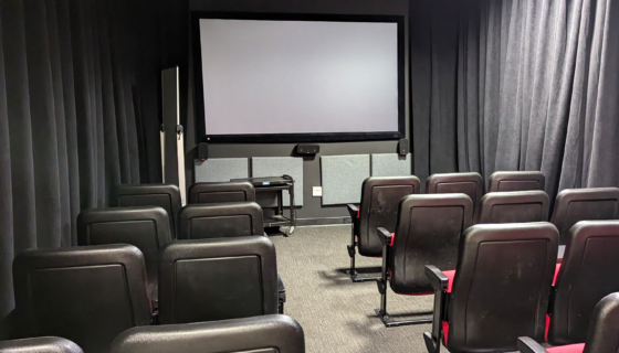 A small screening room with rows of black cinema seats, walls lined with heavy acoustic curtains and a small projection screen.