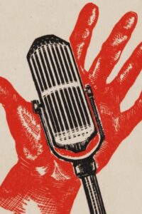 Illustration of hand holding a microphone in a linocut print style.